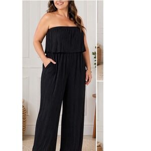 Love Poem by Block Black Strapless Pleated Wide Leg Jumpsuit XL Popover Pockets